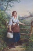 David Hardy (fl.1855-1870), watercolour, County maid beside a stile, signed and dated 1865, 54 x