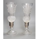 A pair of thistle engraved and cut glass storm lamps - 35cm tall