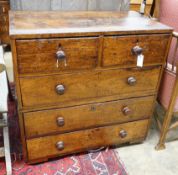 A 19th century mahogany two part chest with later turned wood handles, width 90cm, depth 49cm,