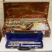 A Yamaha saxophone and a cased Arbiter flute (2)