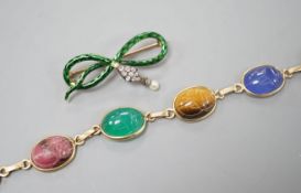 A 14k yellow metal and six stone multi gem set 'scarab' bracelet, 18.5cm, gross 15.4 grams and a