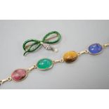 A 14k yellow metal and six stone multi gem set 'scarab' bracelet, 18.5cm, gross 15.4 grams and a