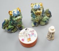 A Chinese carved bone snuff bottle, with cover, 6cm, together with Chinese ceramic wares (4),box 6.5