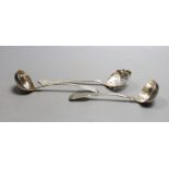 A pair of George IV Scottish silver fiddle pattern toddy ladles, James Mackay, Edinburgh 1827, and a