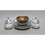 A pair of Japanese Nabesima style jars and covers and a similar footed dish, together with a