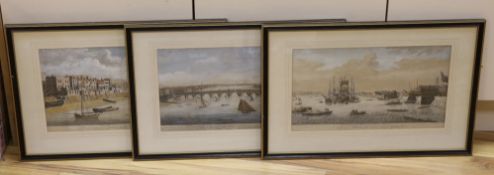 John Boydell, three hand coloured engravings, 'A view near Limehouse Bridge', 'Westminster Bridge'