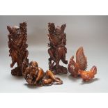 Three Chinese boxwood figures of two luohan, 18cm and Liu Hai and two hardstone chickens