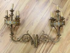 A pair of 5-light French neo Gothic brass wall sconces, 35cm deep