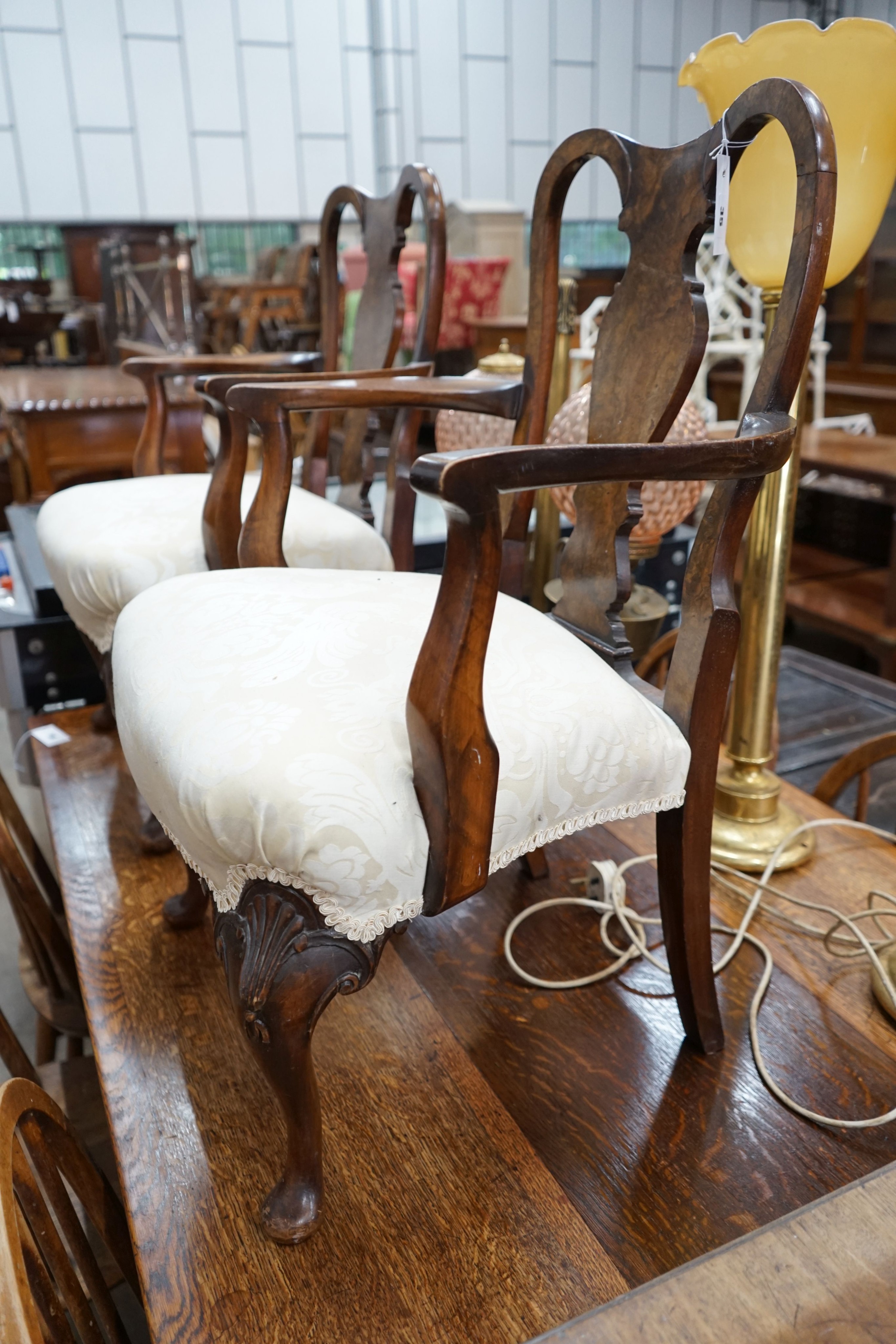 A pair of Queen Anne revival walnut child's elbow chairs, width 50cm, depth 42cm, height 79cm - Image 4 of 4