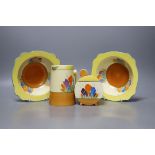 A Clarice Cliff crocus jug, 2 dishes and a jam pot and cover