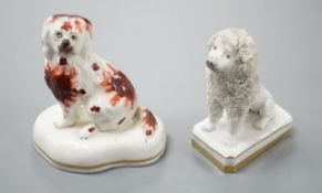 An unusual Staffordshire porcelain model of a seated poodle, 8.8cm high and a similar porcelain