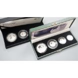 Two cased Royal Mint Britannia silver proof four coin sets, 2005 and 2008, 20p to £2