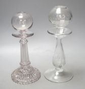 Two 19th century glass lacemakers lamps - tallest 26cm