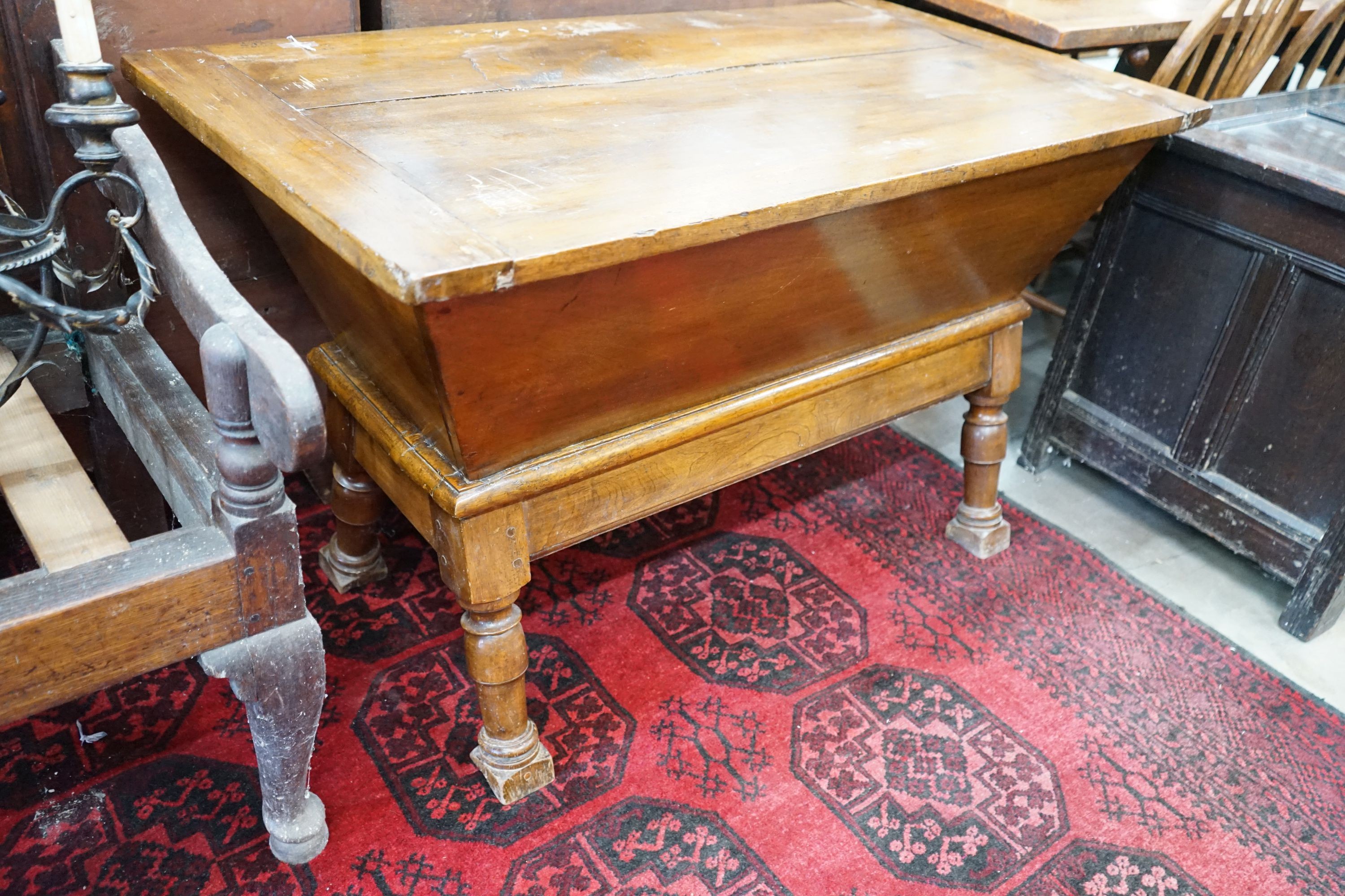 A 19th century rectangular walnut dough bin with zinc lined interior, width 121cm, depth 63cm, - Image 3 of 3