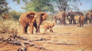 Alan M. Hunt, a limited edition print, Elephants, signed in pencil, 71 x 117cm, linen backed,
