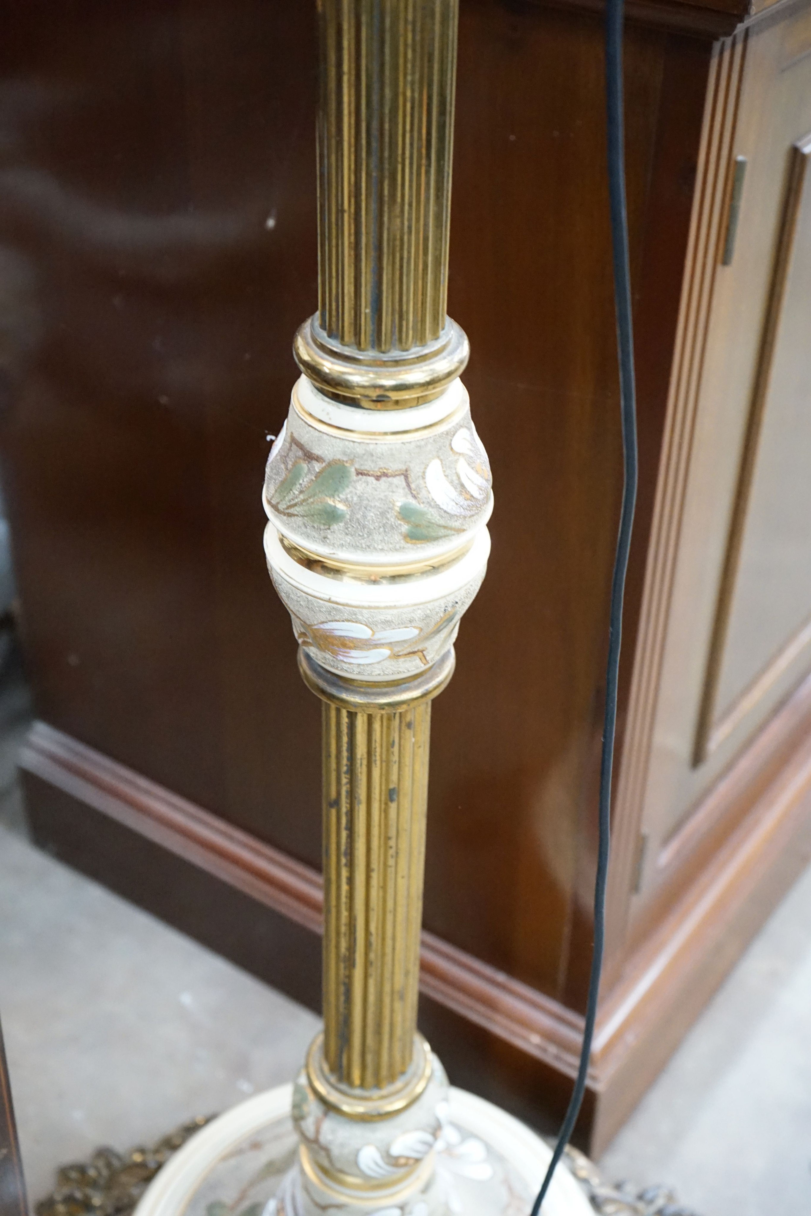 A brass and ceramic standard lamp on lion's paw feet, height 160cm - Image 3 of 3