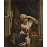 19th century German School, oil on zinc, Woman holding game at a window, 20 x 16cm