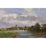 Andrew King ROI, oil on board, 'Riverside towards Windsor', signed with artist label verso, 40 x