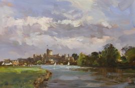 Andrew King ROI, oil on board, 'Riverside towards Windsor', signed with artist label verso, 40 x