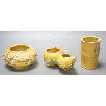 A Chinese yellow coloured biscuit porcelain three piece scholar's set, Republic period, brushpot