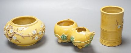 A Chinese yellow coloured biscuit porcelain three piece scholar's set, Republic period, brushpot