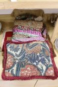 A French 18th century woolwork cushion, 2 chair covers, another panel, a tasselled brocade cushion