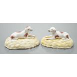 A rare pair of Samuel Alcock porcelain models of recumbent pointers, c.1835–50, impressed mark ‘