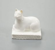 A Derby porcelain model of a cat recumbent on a cushion base, c.1810–25, 3.6 cm longCf. Dennis G.