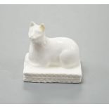 A Derby porcelain model of a cat recumbent on a cushion base, c.1810–25, 3.6 cm longCf. Dennis G.