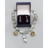 A modern 9ct mounted labradorite necklace and pair of ear clips, Opal necklace and earrings and a