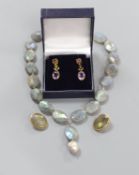 A modern 9ct mounted labradorite necklace and pair of ear clips, Opal necklace and earrings and a