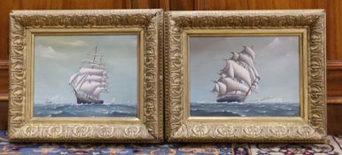 Christophe J. Guise (American, 20th C),pair of oils on wooden panels, The American Clipper ships,