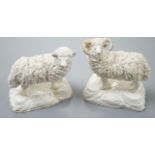 A pair of large Staffordshire porcelain figures of a ewe and a ram, c.1835–50, 10.5 and 11 cm