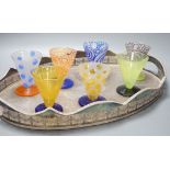 A plated tea tray, 7 art glass glasses and a Markus Karl Losse ‘World Wheels’ tie