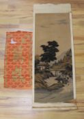 A Chinese calligraphic fabric hanging, 90 x 37cm, together with an early 20th century Japanese