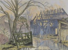 Edgar Holloway (1915-2008), watercolour, 'After the fire, North End Farm, Ditchling', signed and