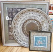Three Chinese framed embroidered panels and a large oval tray