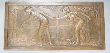 A signed M Jampolsky, Art Nouveau rectangular figural bronze plaque,36.5 cms wide x 8 cms high.