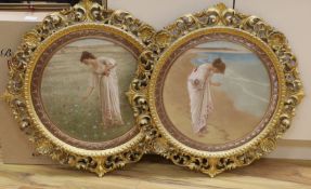 Manner of J.W. Waterhouse, a pair of colour mezzotints, Classical maiden picking flowers and On