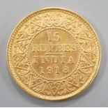 British India, George VI 15 gold rupees 1918, area of edge worn otherwise VF