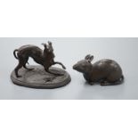 A bronze figure of a mouse and an Animalier group of a playful dog and tortoise,mouse 11cms wide.