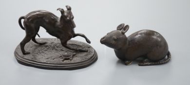 A bronze figure of a mouse and an Animalier group of a playful dog and tortoise,mouse 11cms wide.