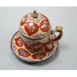 A 19th century Swiss white metal and enamel jam or sugar pot, cover and stand, made for the