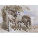 John Frederick Taylor PRWS (1802-1889), watercolour, 'Saddling Up', initialled, with Agnews label