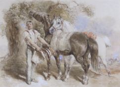 John Frederick Taylor PRWS (1802-1889), watercolour, 'Saddling Up', initialled, with Agnews label