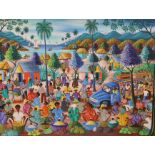 Rodrigue Mervilus (Haitian), oil on canvas, Market scene, signed, 91 x 121cm