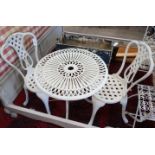 A circular aluminium garden table, diameter 60cm, height 65cm and two chairs