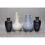 Two Chinese crackle glaze vases together with two Japanese cloisonné enamel vases (4) - tallest 24.