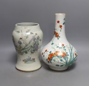 A Chinese enamelled porcelain bottle vase, 25cm high, together with a Chinese porcelain baluster