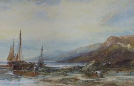 Albert Pollitt (1856-1926), watercolour, Coastal scene with fishing boats unloading the catch,